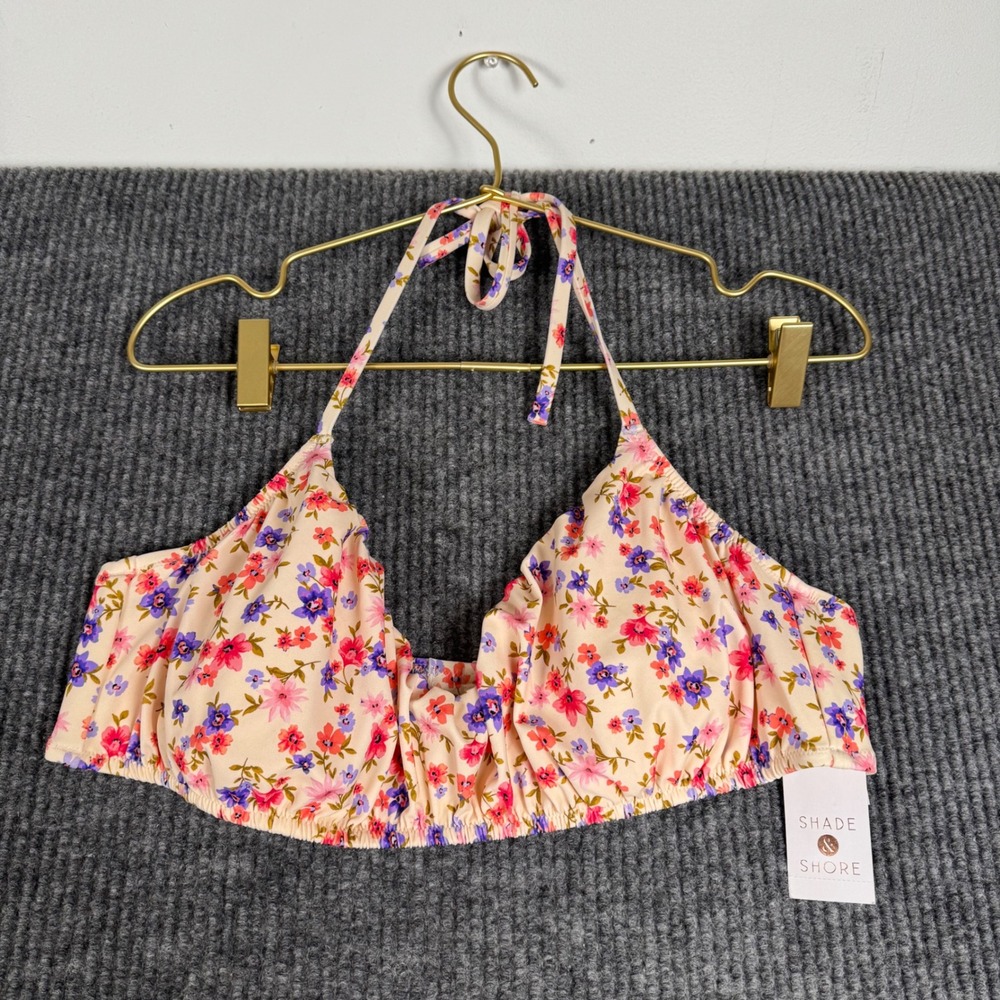 Shade & Shore Women XL Floral Halter Bikini Top Multi Color Ruched